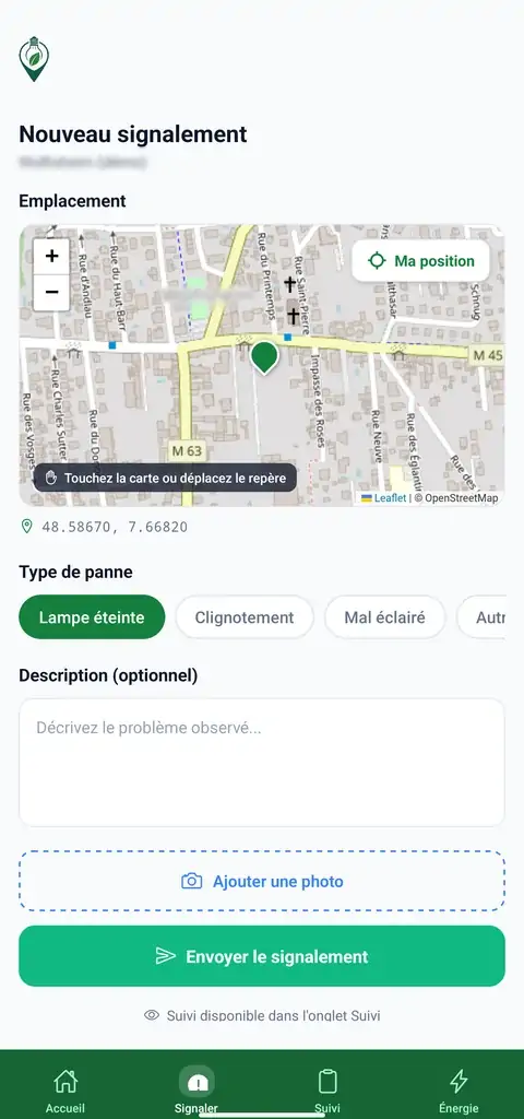 Application citoyenne Eco-Signal : nouveau signalement — carte, type de panne, description et photo