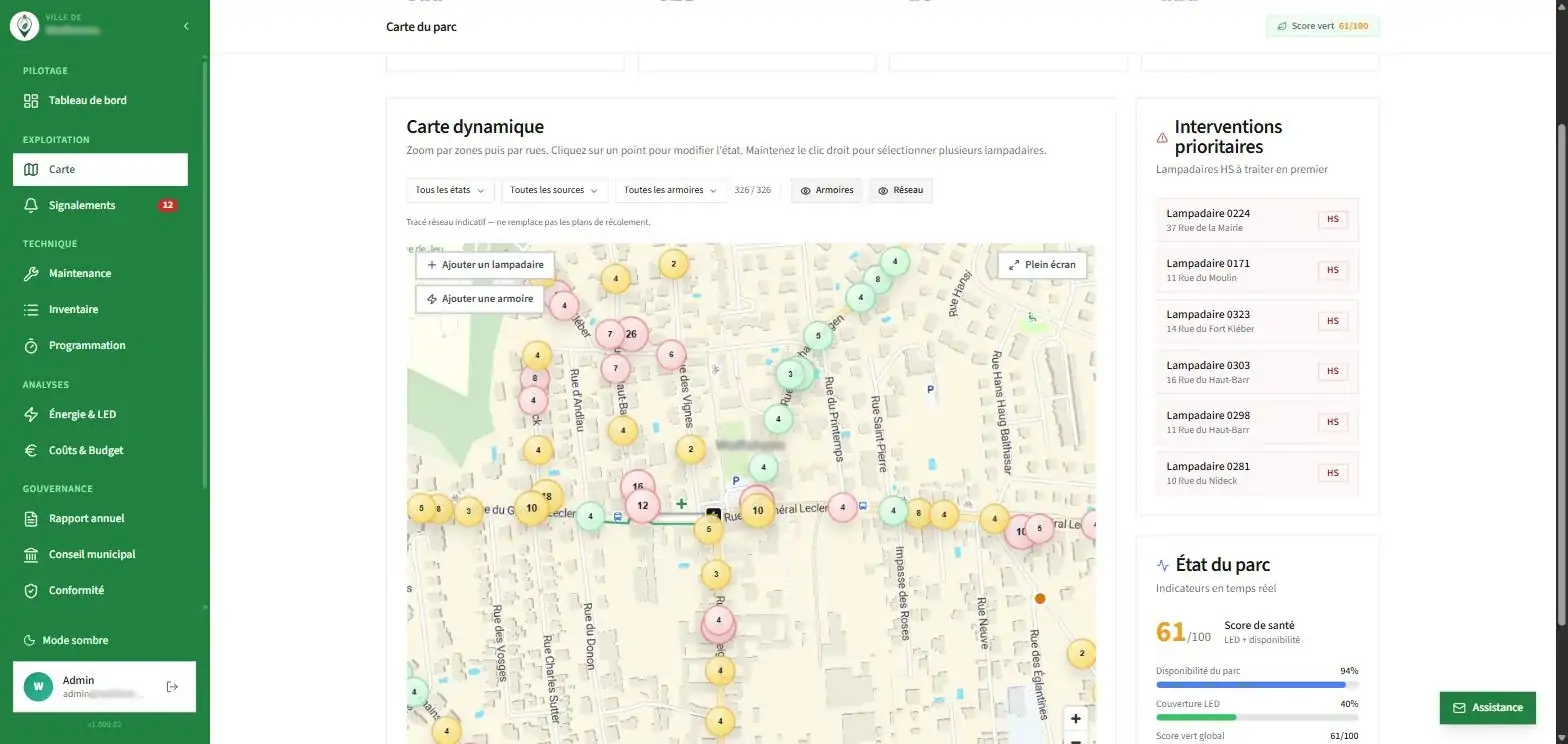 Module Carte d'Eco-Signal : lampadaires géolocalisés, compteurs et interventions prioritaires